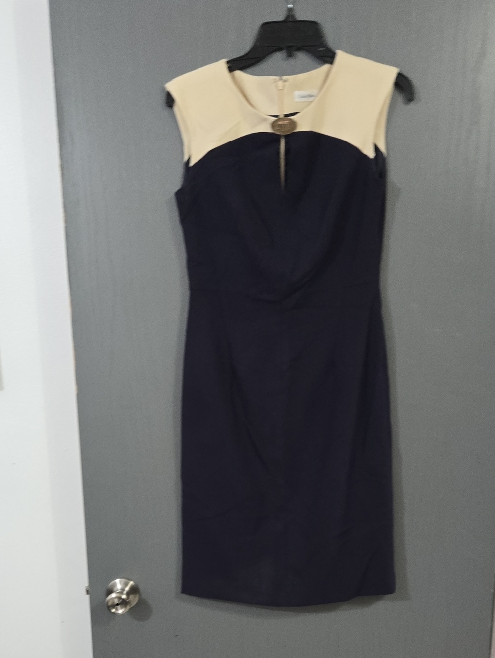Calvin Klein Navy and Cream Midi Sheath Dress with Decorative Button